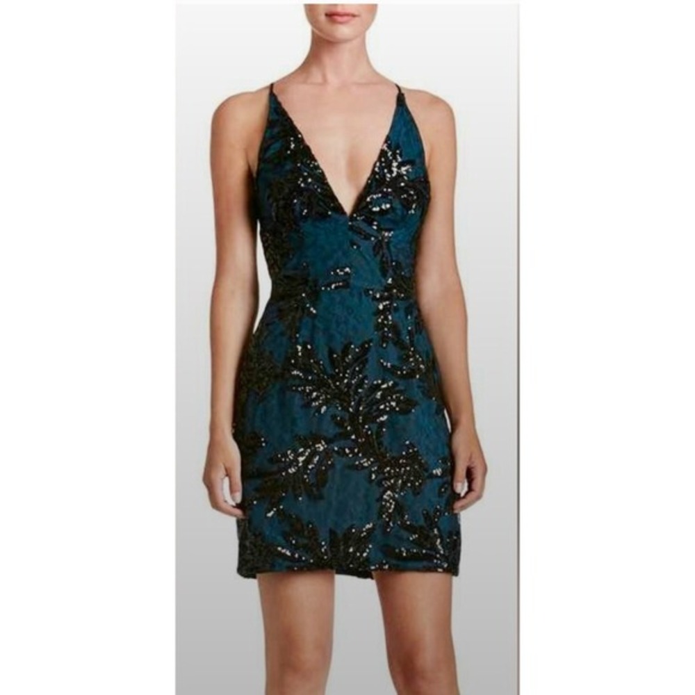 Dress the Population Jordyn Sequin Sheath Dress Vneck Mini Blue and Black - Picture 5 of 5
